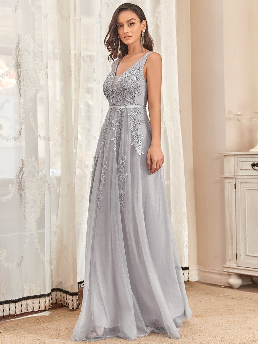 Elegant Sleeveless Applique Flowy Tulle Evening Dress #color_Grey