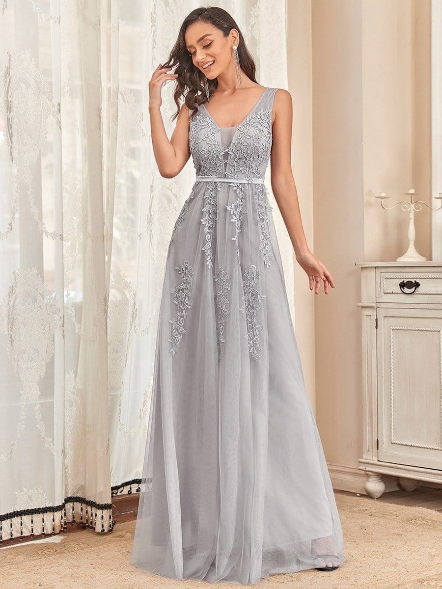 Elegant Sleeveless Applique Flowy Tulle Evening Dress #color_Grey