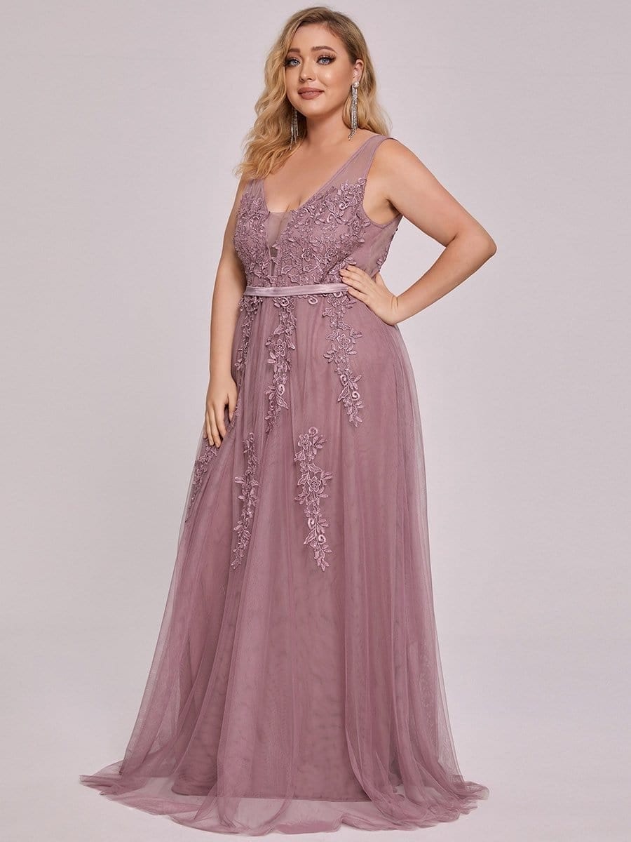 Plus Size Elegant Sleeveless Applique Flowy Tulle Evening Dress #color_Purple Orchid