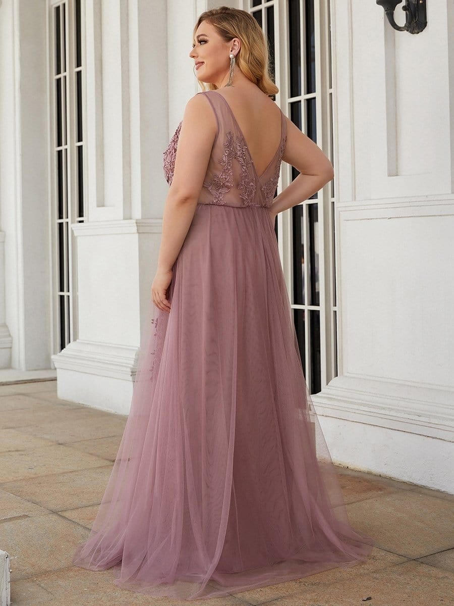 Plus Size Elegant Sleeveless Applique Flowy Tulle Evening Dress #color_Purple Orchid