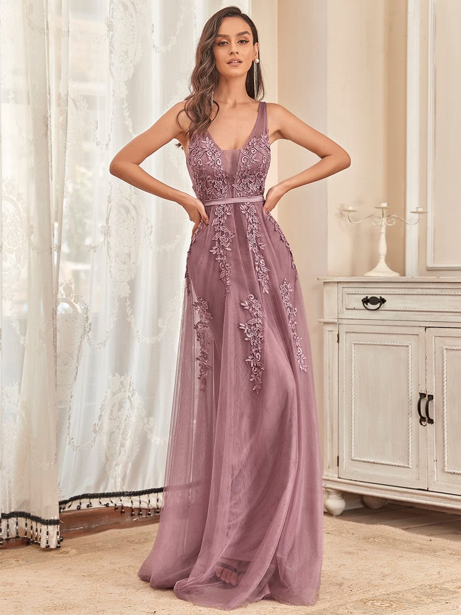 Custom Size Elegant Sleeveless Applique Flowy Tulle Evening Dress #color_Purple Orchid