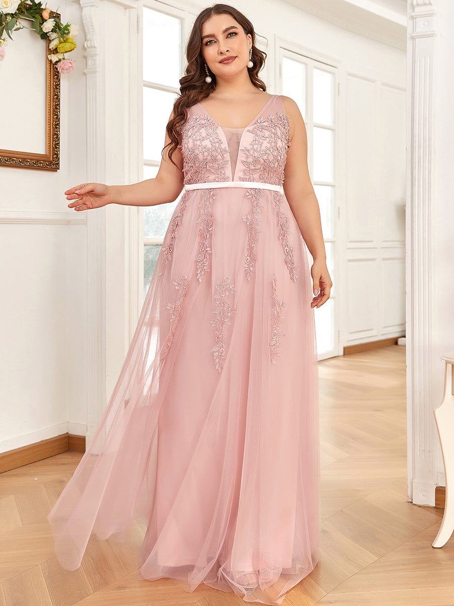 Elegant Sleeveless Applique Flowy Tulle Evening Dress #color_Pink