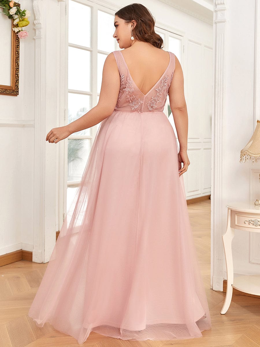 Elegant Sleeveless Applique Flowy Tulle Evening Dress #color_Pink