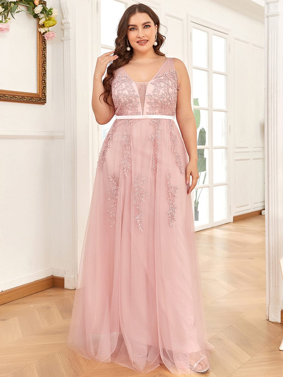 Plus Size Elegant Sleeveless Applique Flowy Tulle Evening Dress #color_Pink