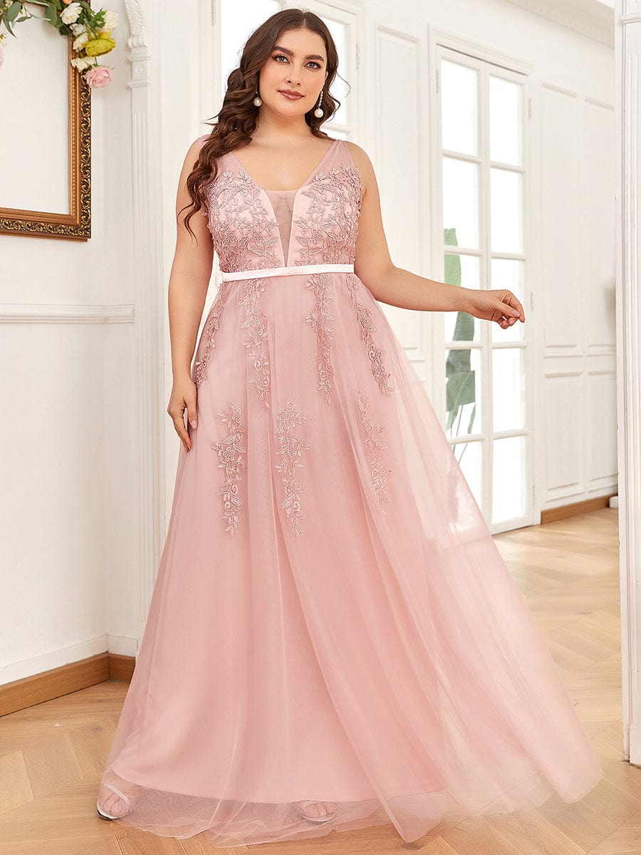 Plus Size Elegant Sleeveless Applique Flowy Tulle Evening Dress #color_Pink