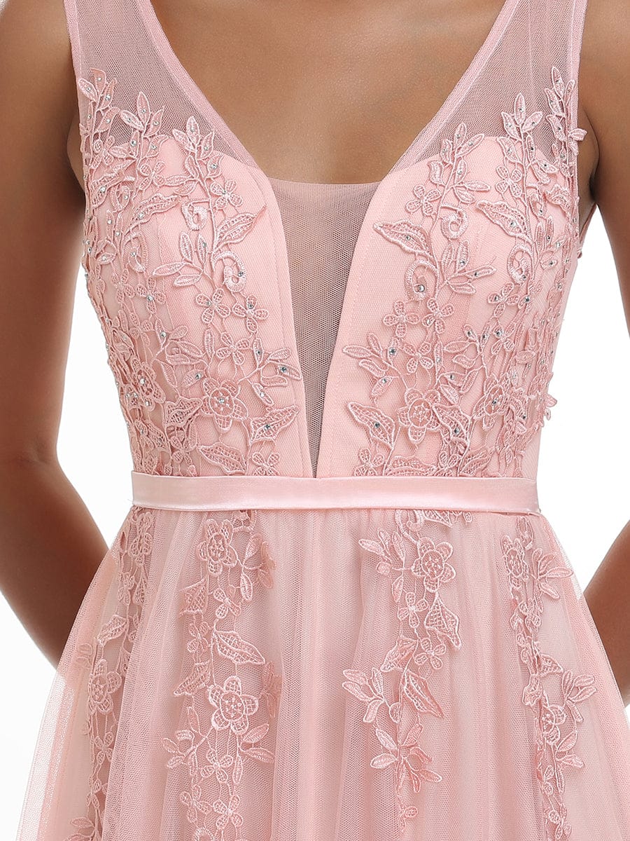 Elegant Sleeveless Applique Flowy Tulle Evening Dress #color_Pink