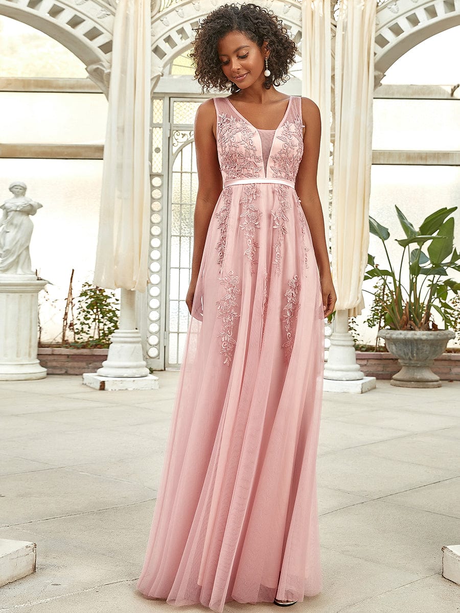 Elegant Sleeveless Applique Flowy Tulle Evening Dress #color_Pink