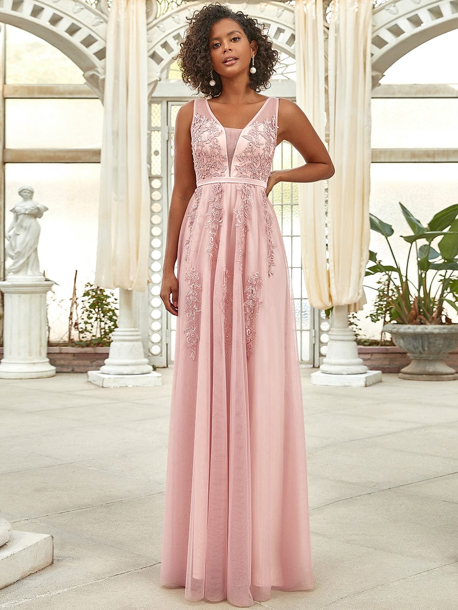 Elegant Sleeveless Applique Flowy Tulle Evening Dress #color_Pink