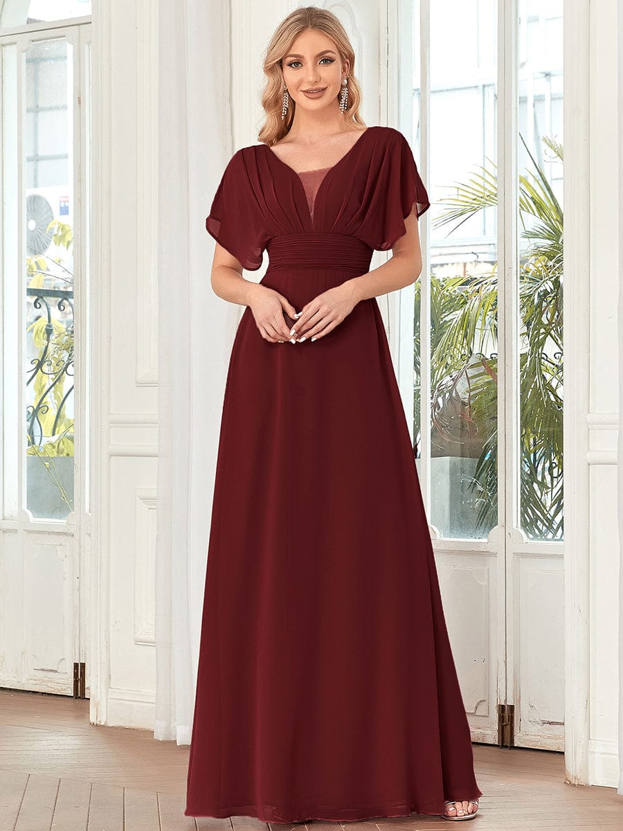 Women's A-Line Empire Waist Chiffon Evening Party Maxi Dress #color_Burgundy