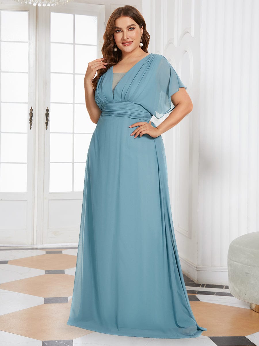 Plus Size V-neck A-Line Empire Waist Chiffon Evening Dress #color_Dusty Blue