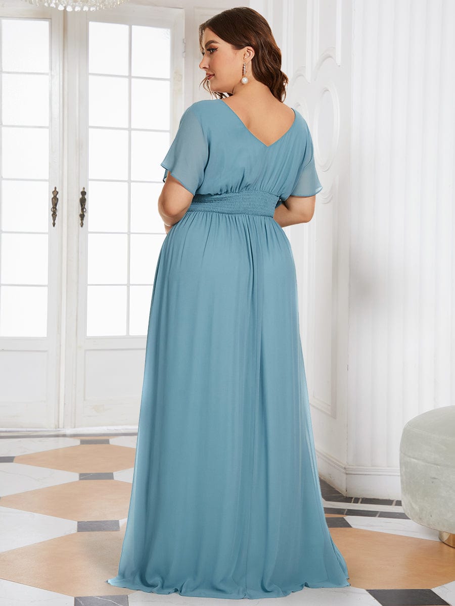 Plus Size V-neck A-Line Empire Waist Chiffon Evening Dress #color_Dusty Blue