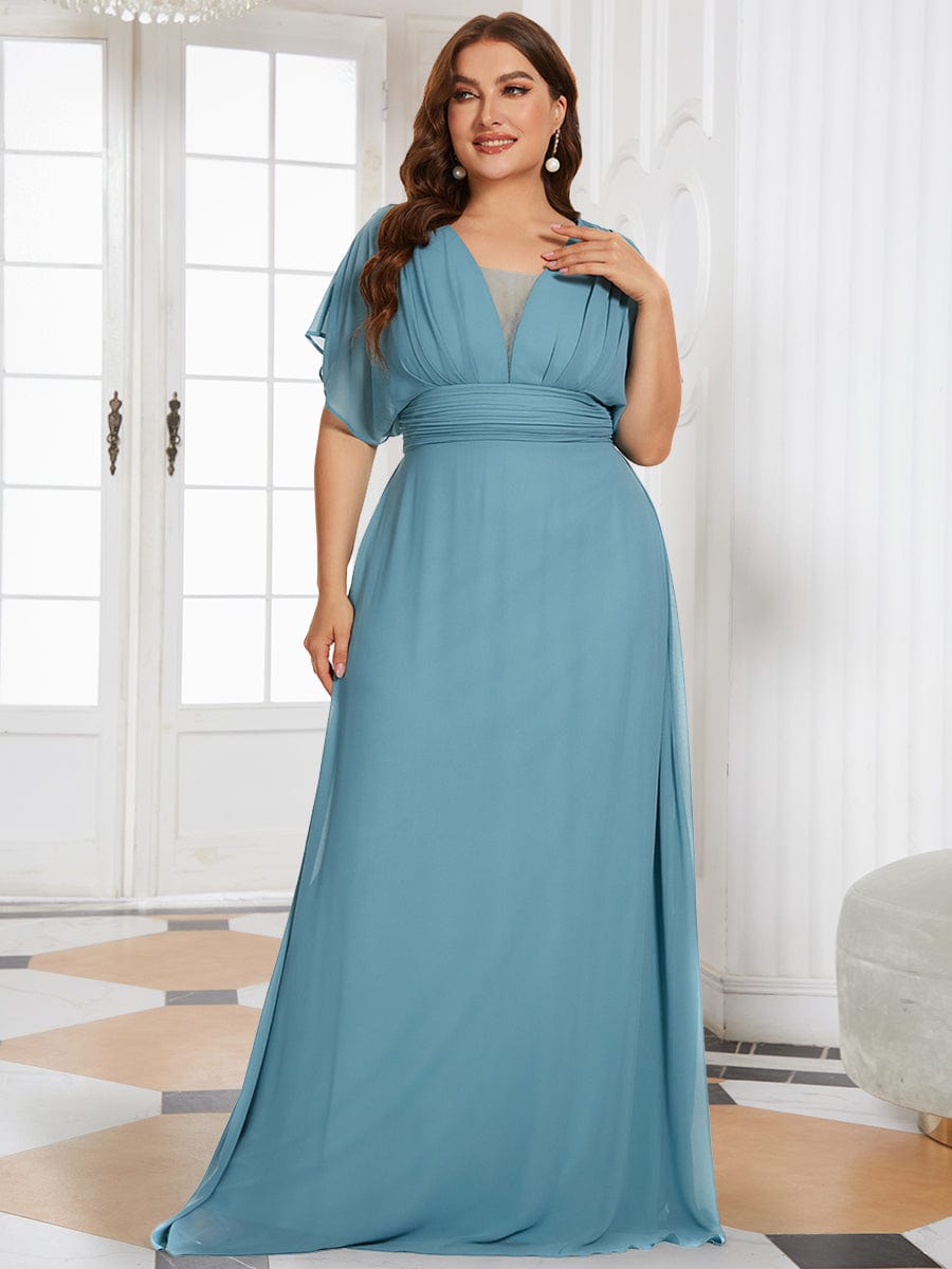 Plus Size V-neck A-Line Empire Waist Chiffon Evening Dress #color_Dusty Blue