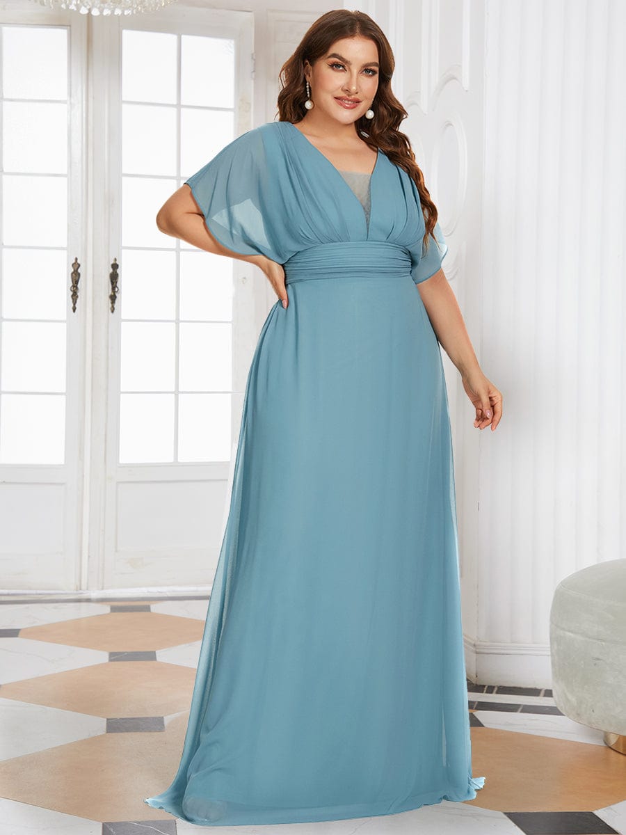 Plus Size V-neck A-Line Empire Waist Chiffon Evening Dress #color_Dusty Blue