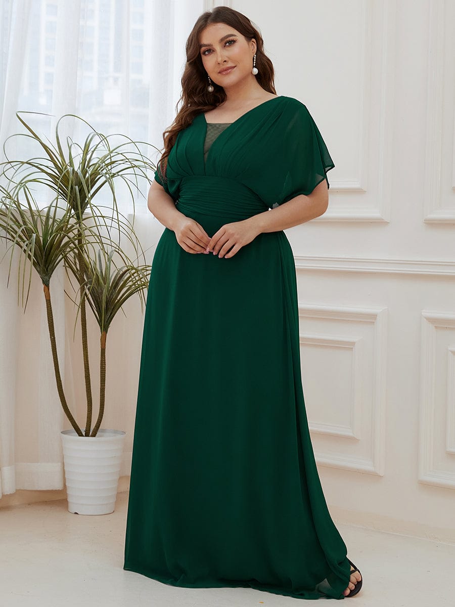 Plus Size V-neck A-Line Empire Waist Chiffon Evening Dress #color_Dark Green