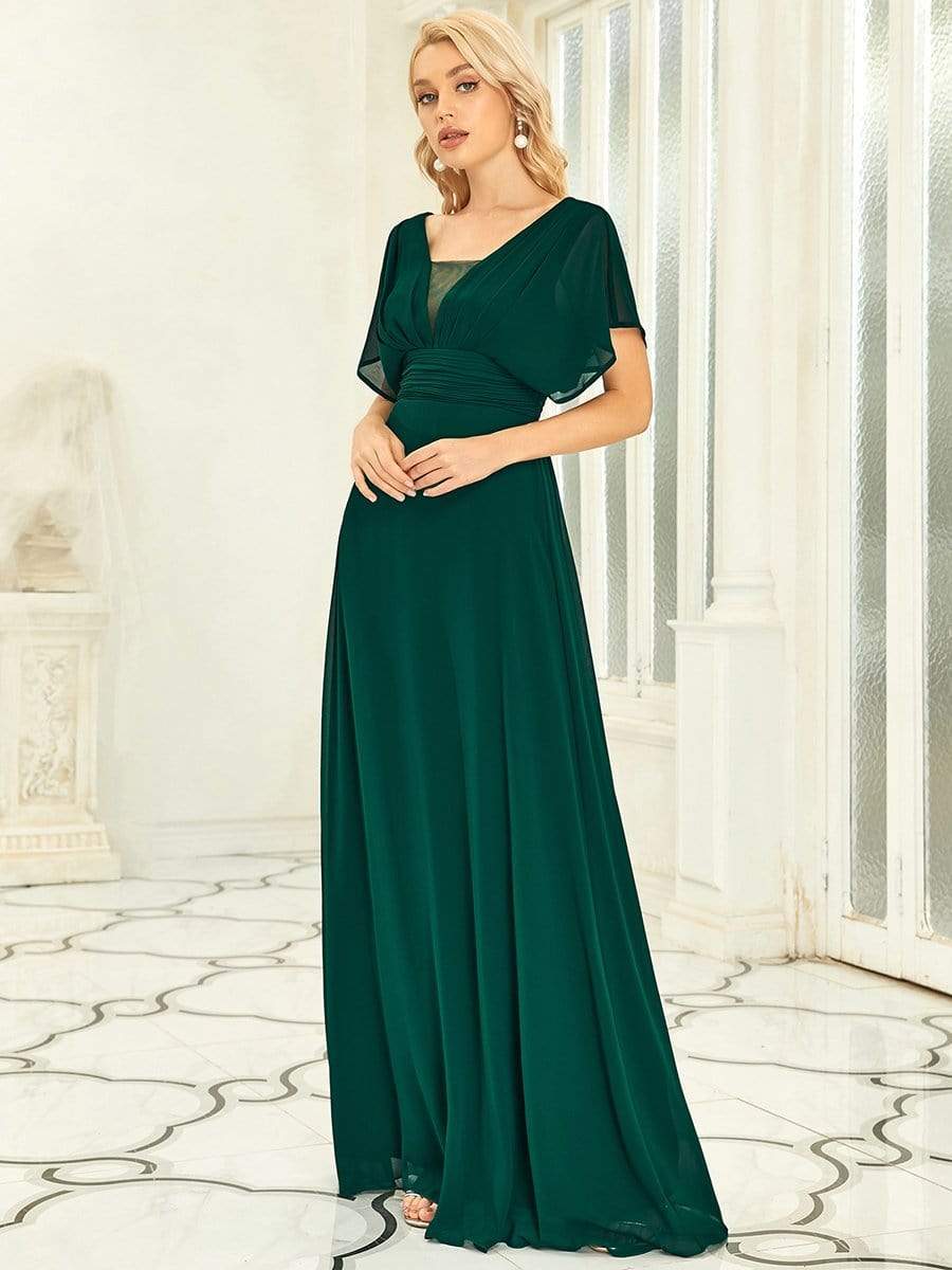 Stunning A-Line Empire Waist Chiffon Wedding Guest Dress #color_Dark Green