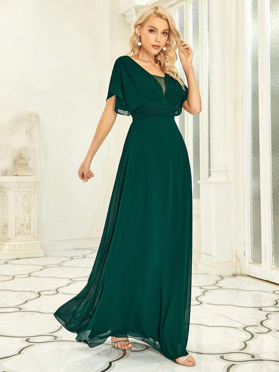 Stunning A-Line Empire Waist Chiffon Wedding Guest Dress #color_Dark Green