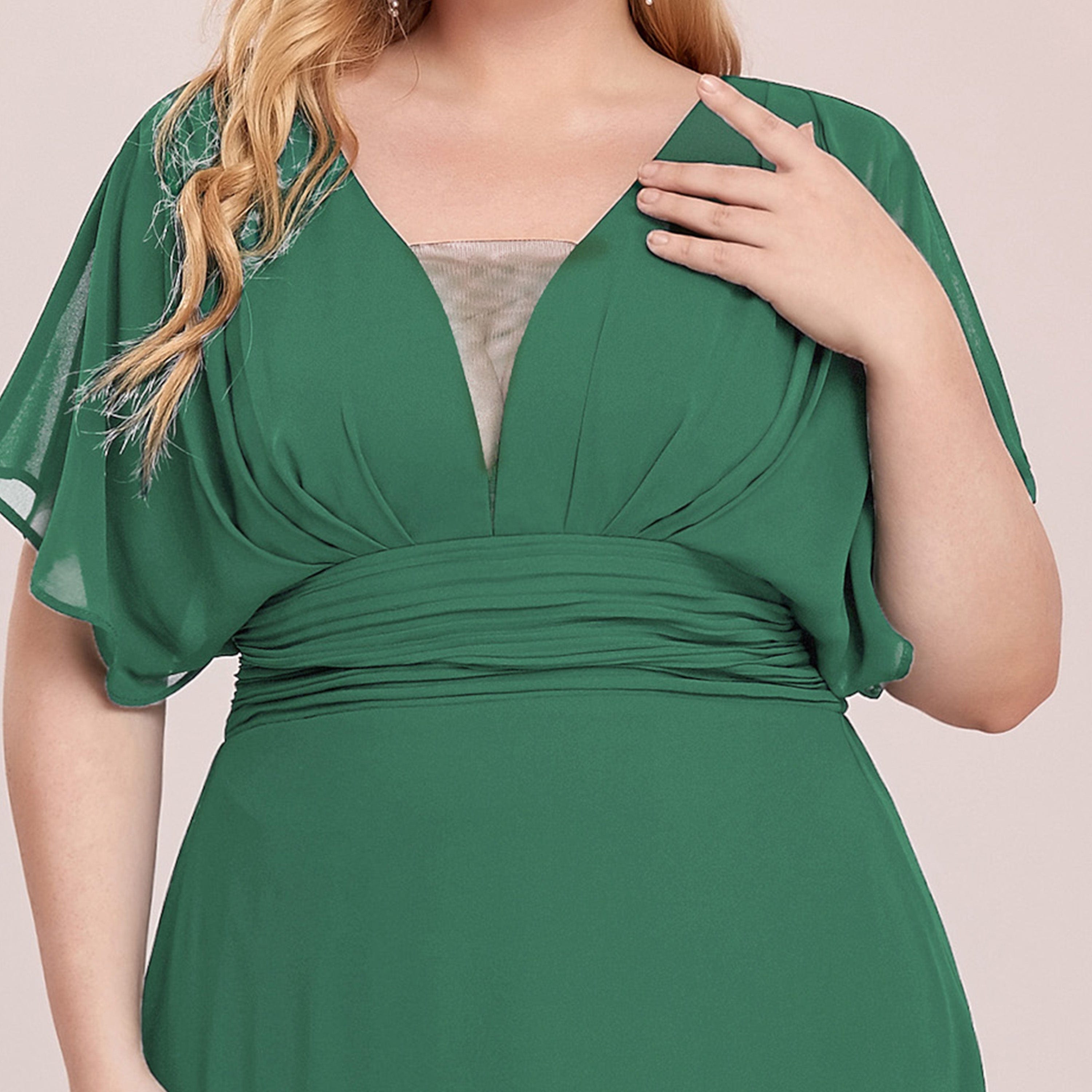 Plus Size V-neck A-Line Empire Waist Chiffon Evening Dress #color_Green Bean