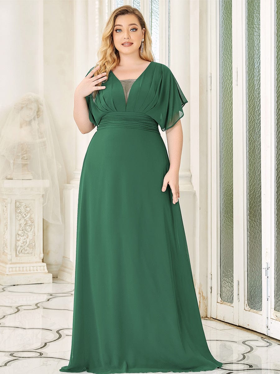 Plus Size V-neck A-Line Empire Waist Chiffon Evening Dress #color_Green Bean