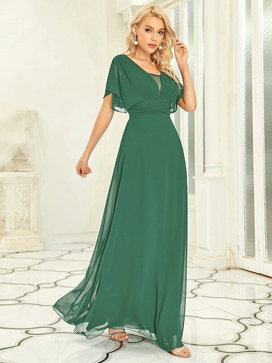 A-Line Empire Waist Chiffon Long Evening Party Dress #color_Green Bean