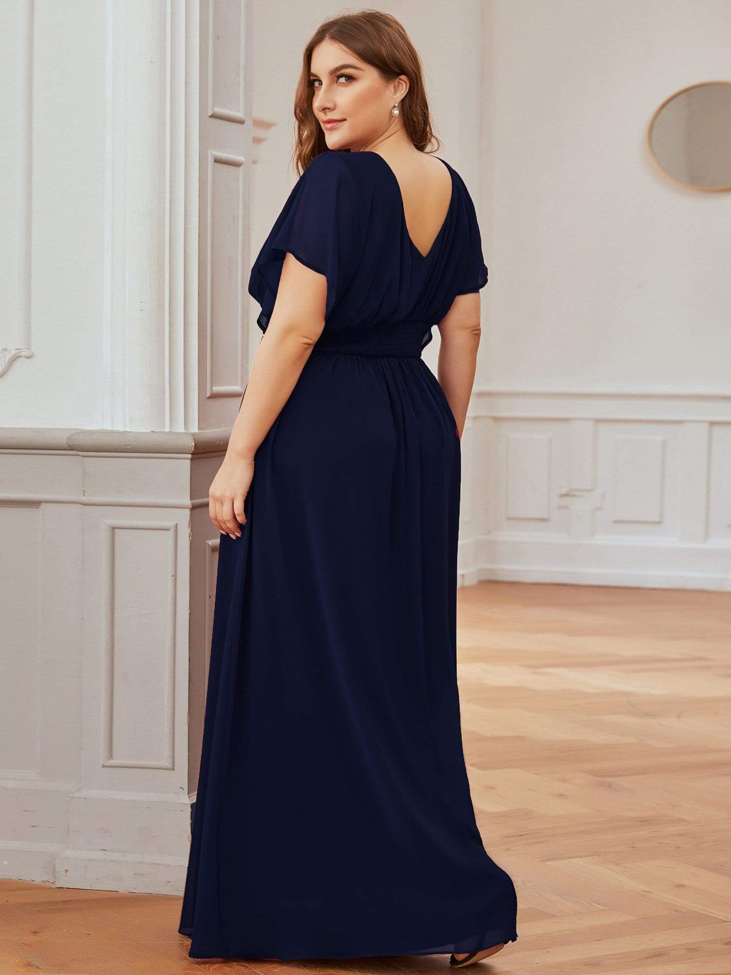 Plus Size V-neck A-Line Empire Waist Chiffon Evening Dress #color_Navy Blue