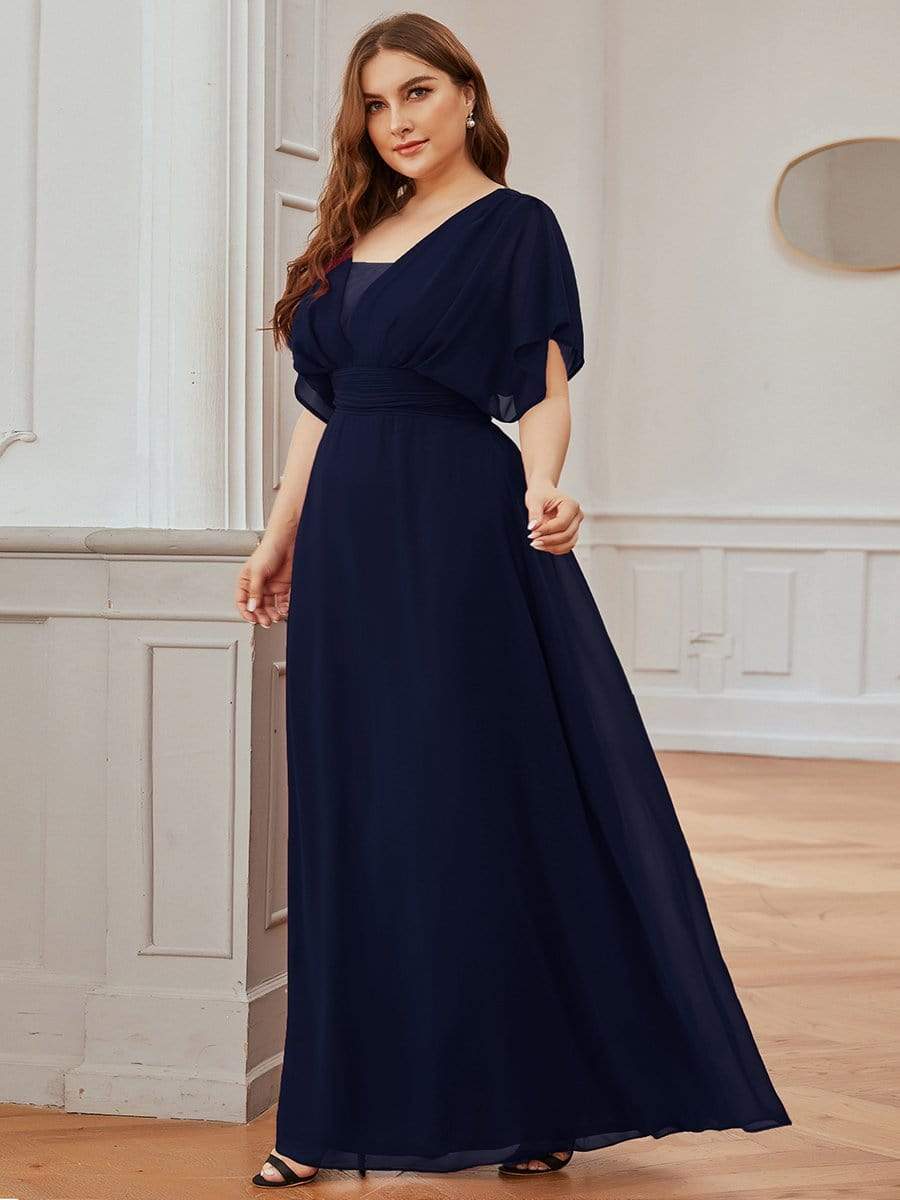 Plus Size V-neck A-Line Empire Waist Chiffon Evening Dress #color_Navy Blue