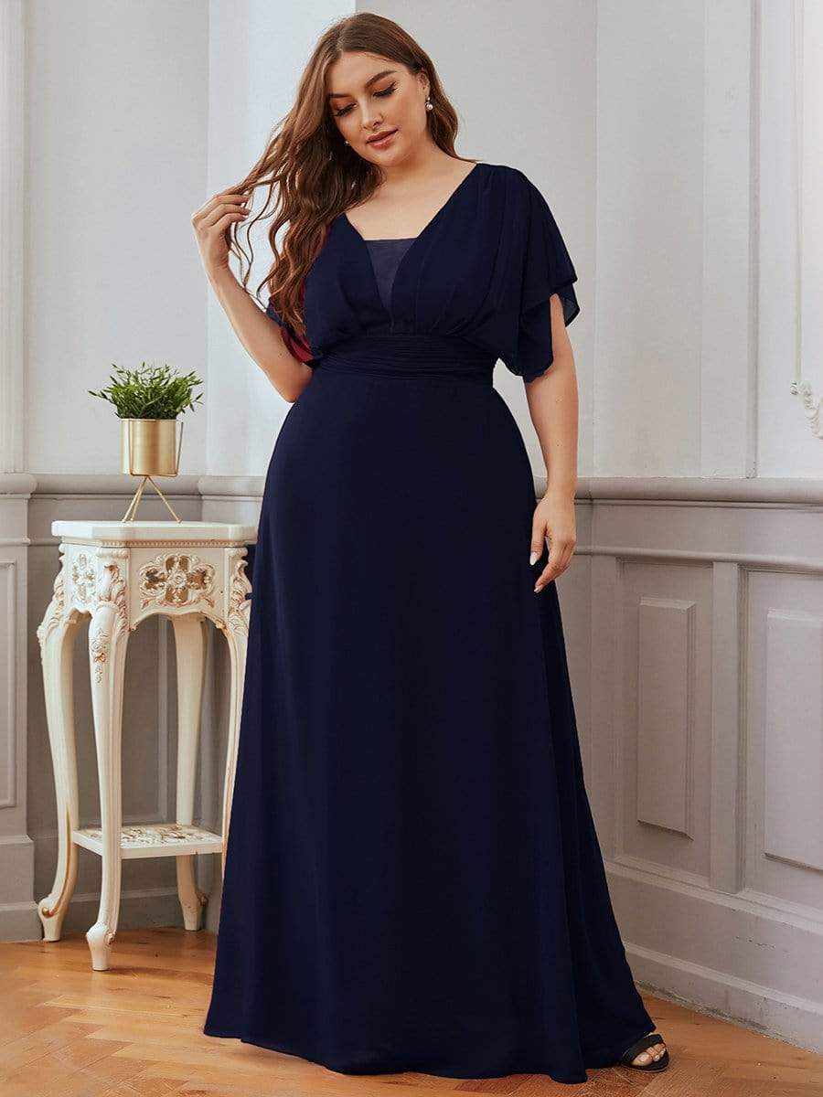 Plus Size V-neck A-Line Empire Waist Chiffon Evening Dress #color_Navy Blue