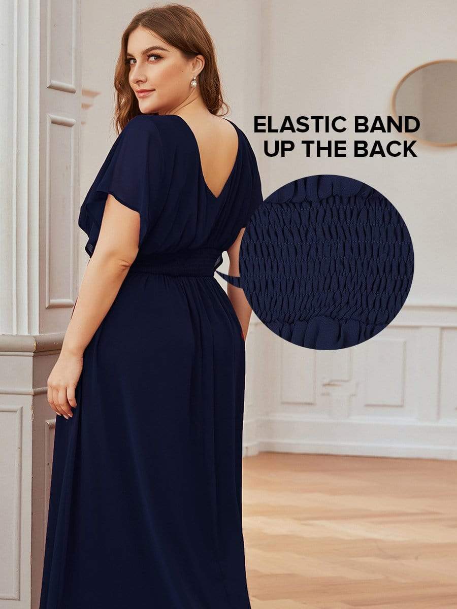 Plus Size V-neck A-Line Empire Waist Chiffon Evening Dress #color_Navy Blue