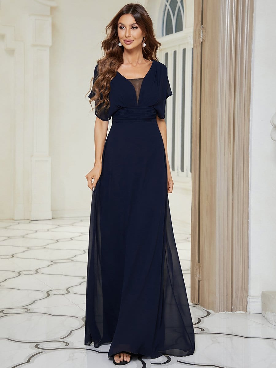 A-Line Empire Waist Chiffon Long Evening Party Dress #color_Navy Blue