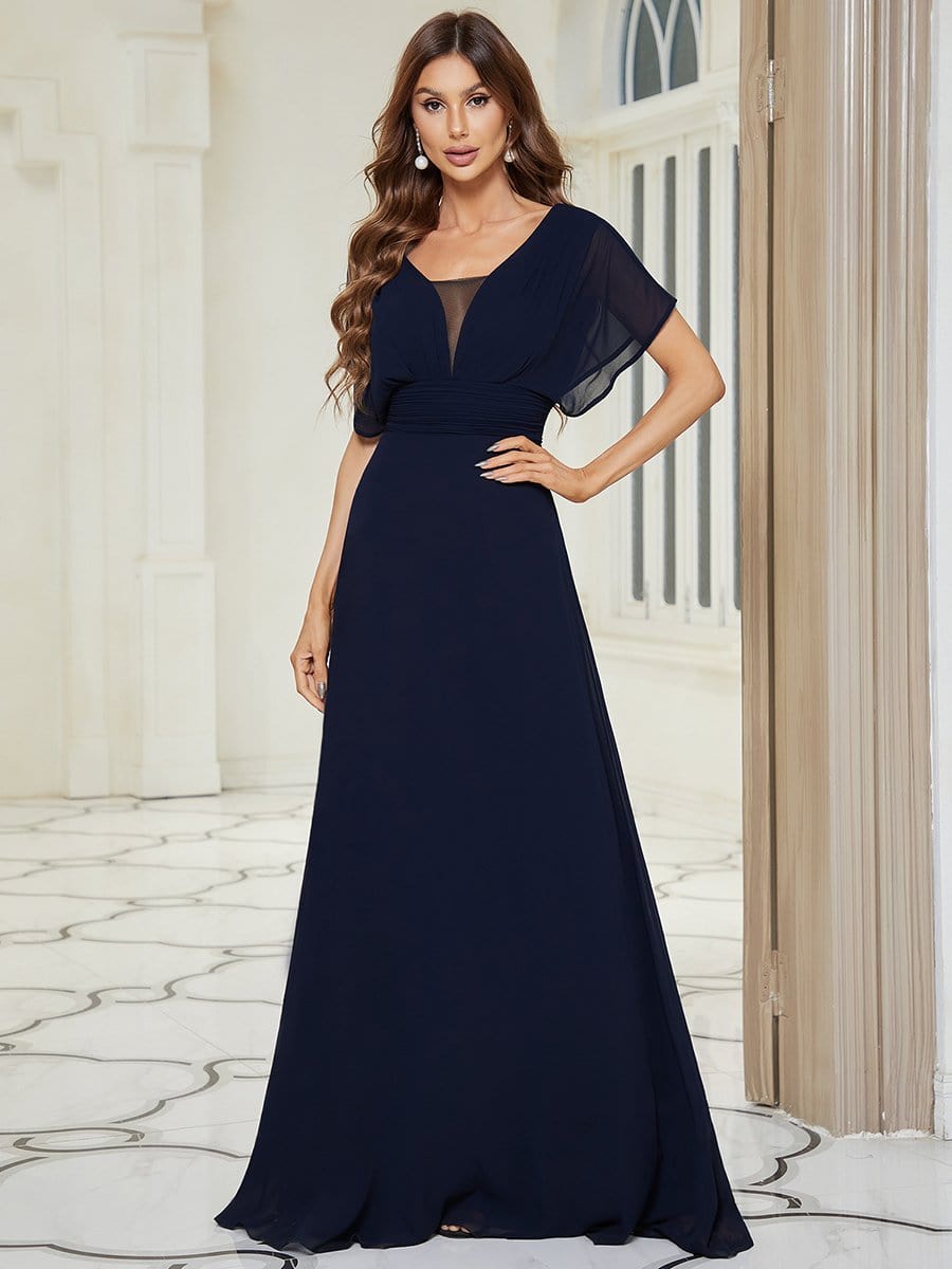 A-Line Empire Waist Chiffon Long Evening Party Dress #color_Navy Blue