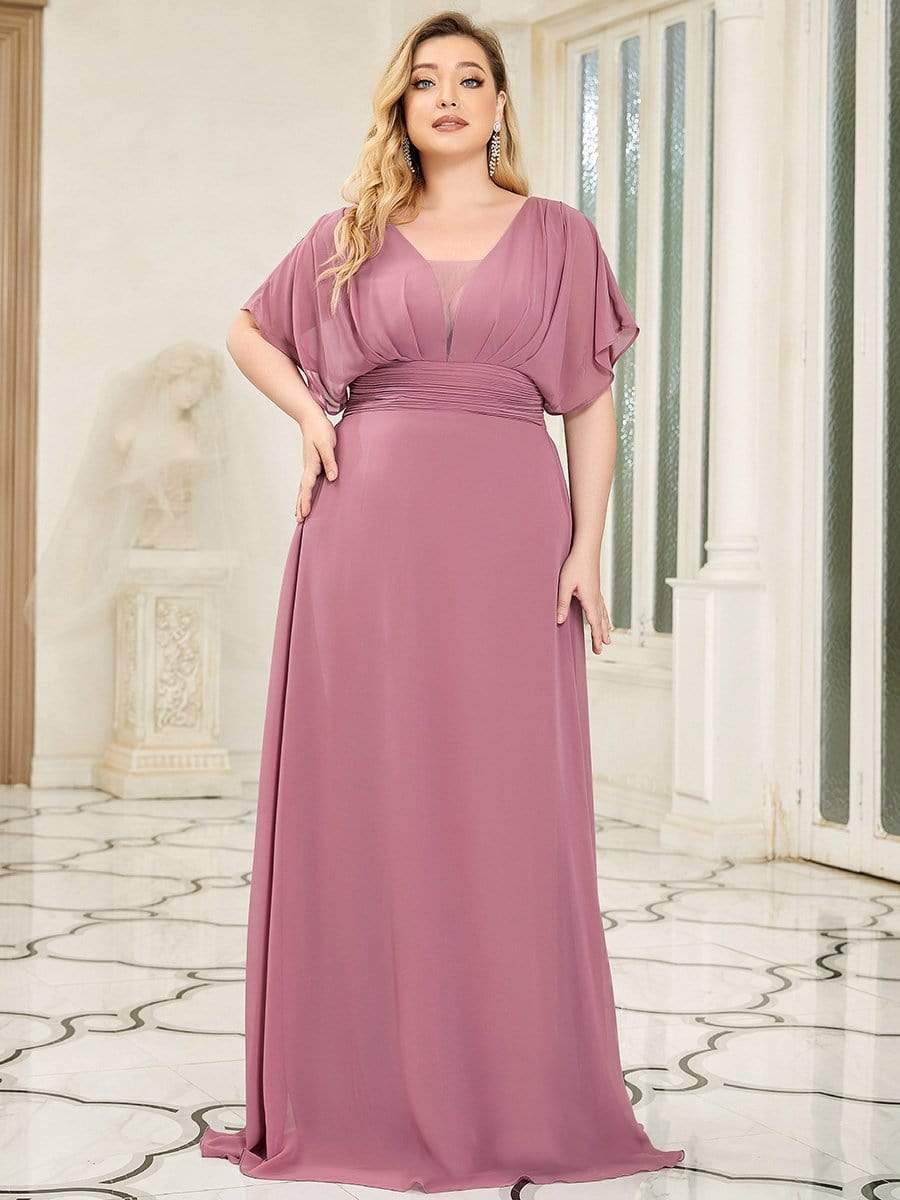 Plus Size V-neck A-Line Empire Waist Chiffon Evening Dress #color_Purple Orchid