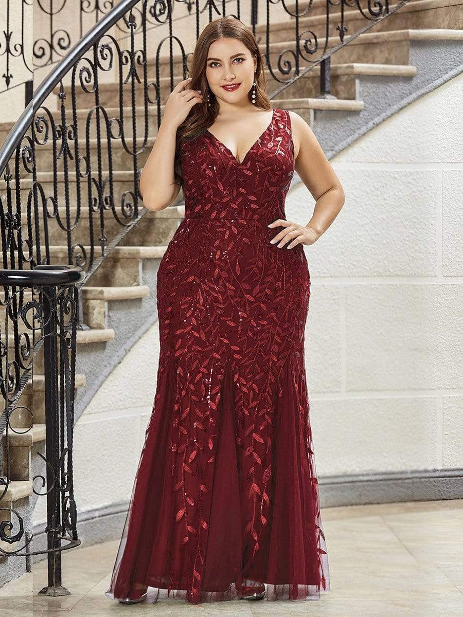 Women's Double V-Neck Fishtail Seuqin Evening Dress #color_Burgundy