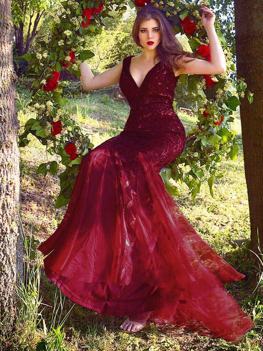 Women's Double V-Neck Fishtail Seuqin Evening Dress #color_Burgundy