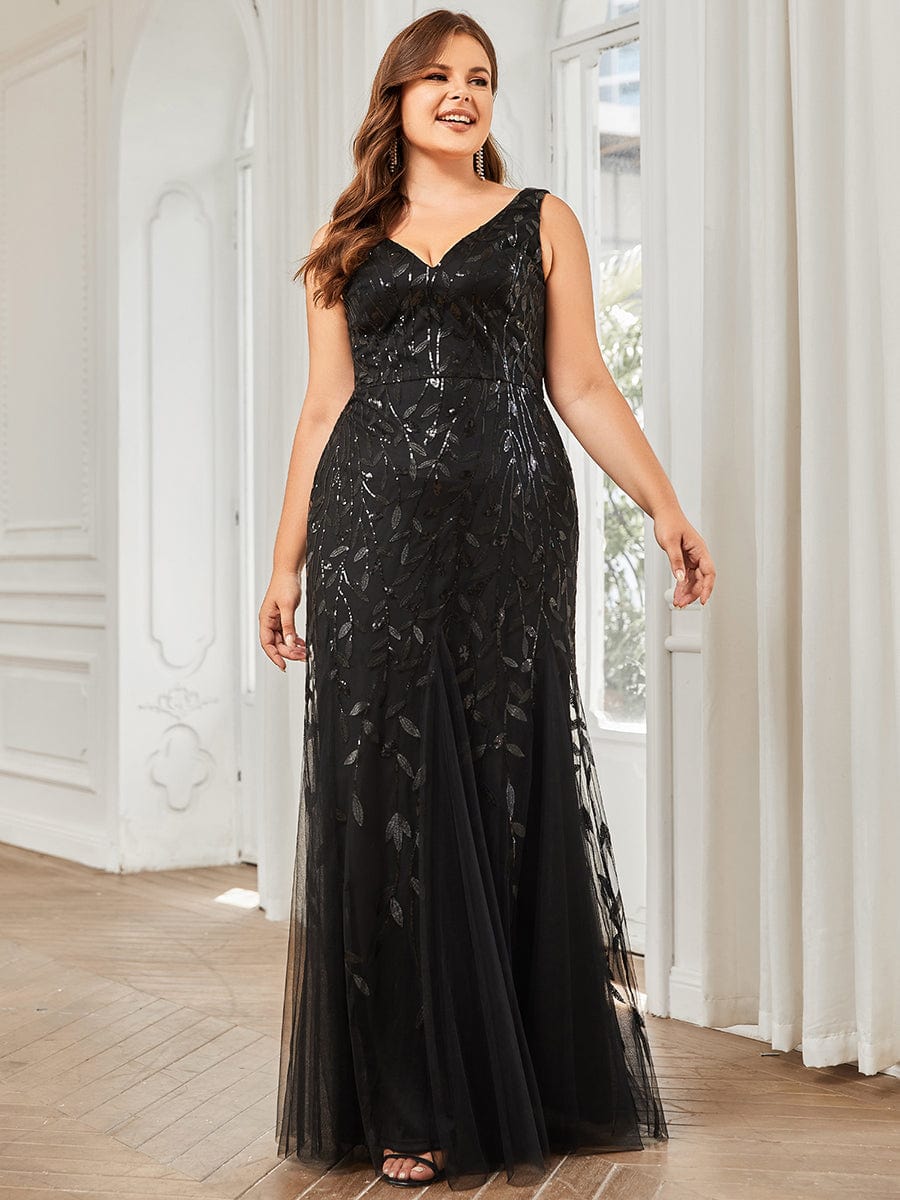 Sexy Double V-Neck Mermaid Sequin Evening Maxi Dress for Women #color_Black