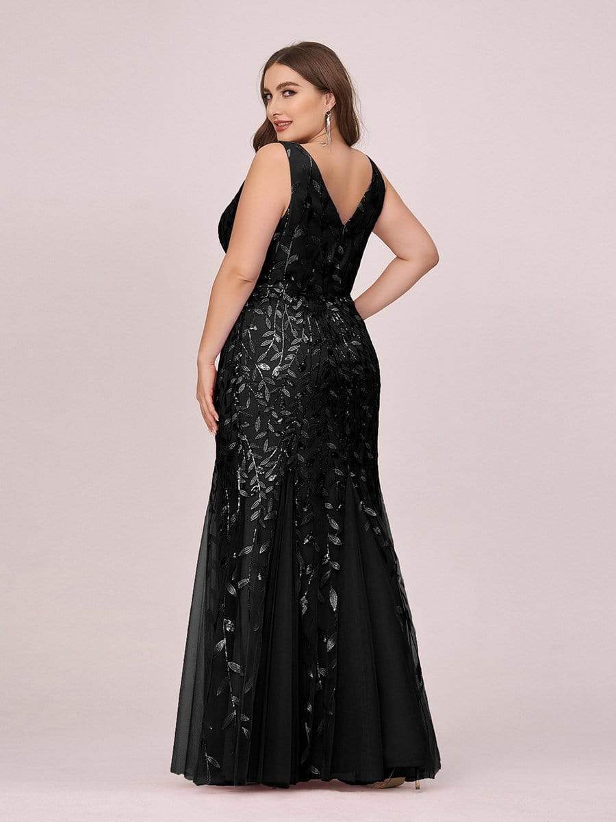 Women's Double V-Neck Fishtail Seuqin Evening Dress #color_Black