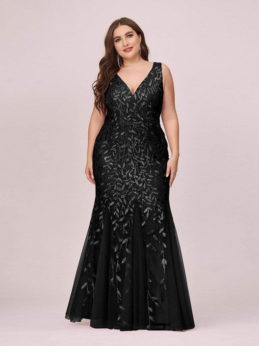 Women's Double V-Neck Fishtail Seuqin Evening Dress #color_Black