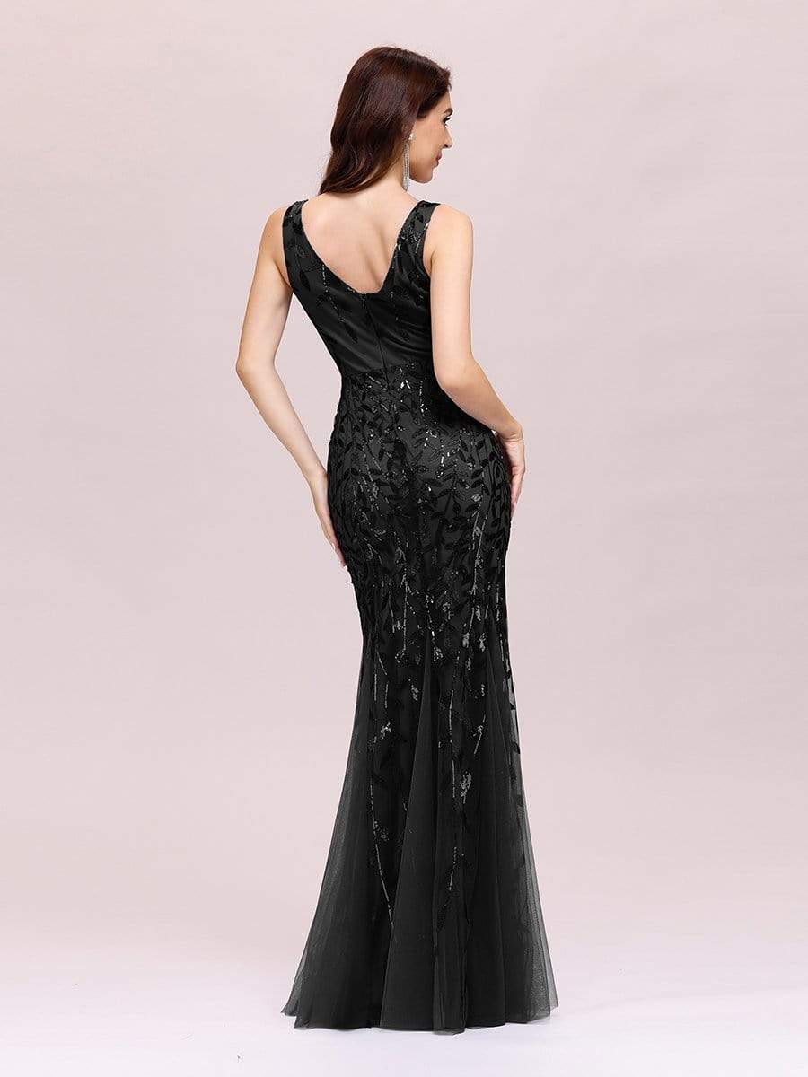 Women's Double V-Neck Fishtail Seuqin Evening Dress #color_Black