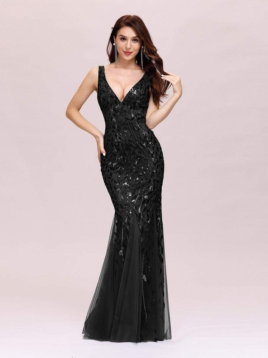 Women's Double V-Neck Fishtail Seuqin Evening Dress #color_Black