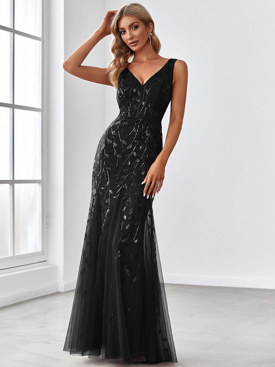 Sexy Double V-Neck Mermaid Sequin Evening Maxi Dress for Women #color_Black