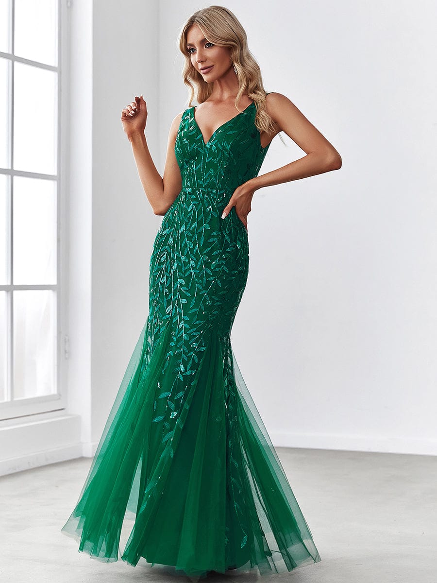 Sexy Double V-Neck Mermaid Sequin Evening Maxi Dress for Women #color_Dark Green