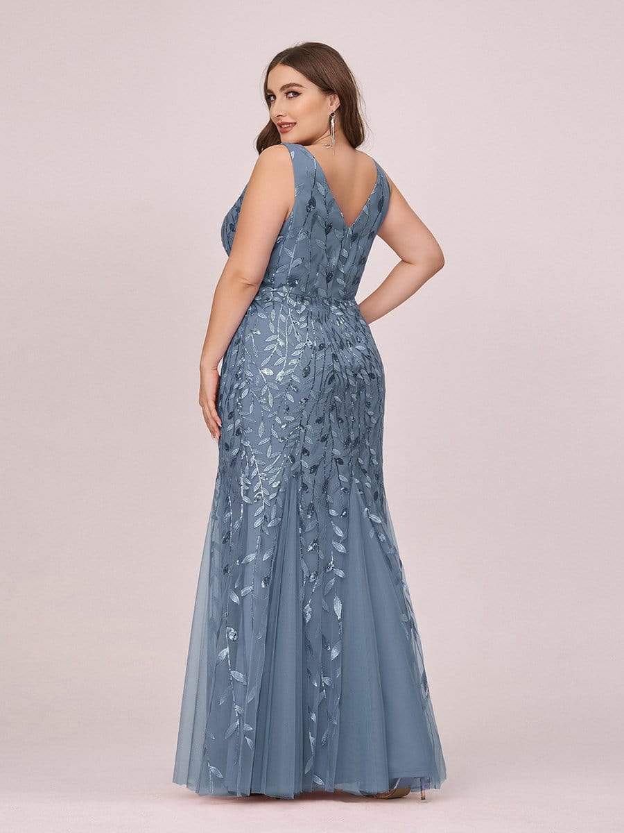 Women's Double V-Neck Fishtail Seuqin Evening Dress #color_Dusty Navy