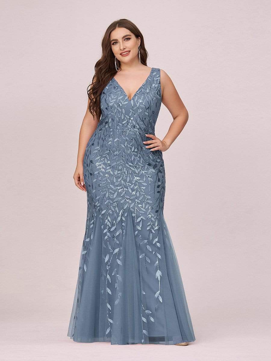 Women's Double V-Neck Fishtail Seuqin Evening Dress #color_Dusty Navy