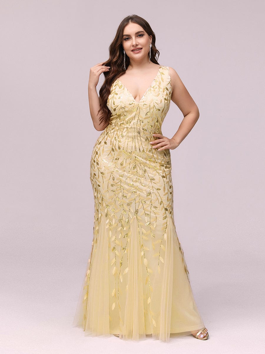 Women's Double V-Neck Fishtail Seuqin Evening Dress #color_Gold