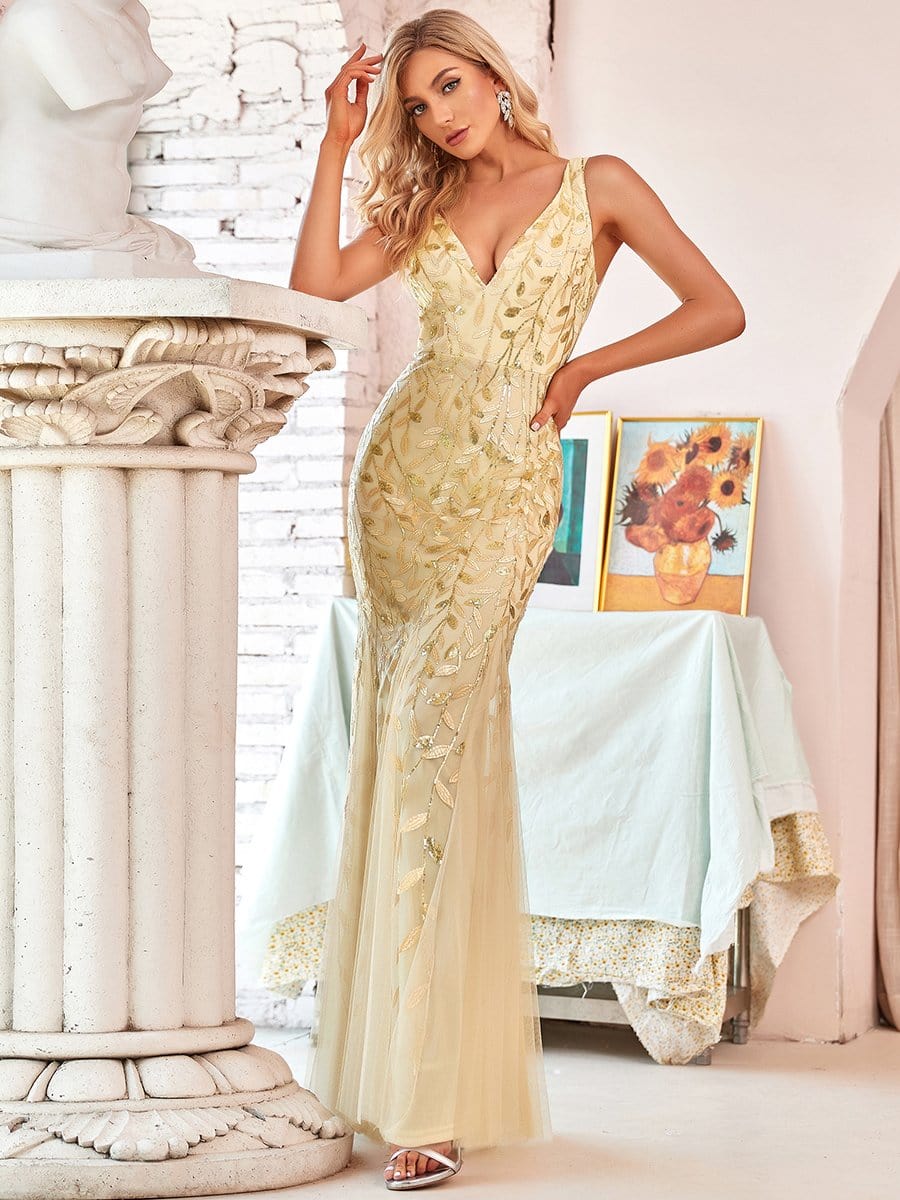 Women's Double V-Neck Fishtail Seuqin Evening Dress #color_Gold