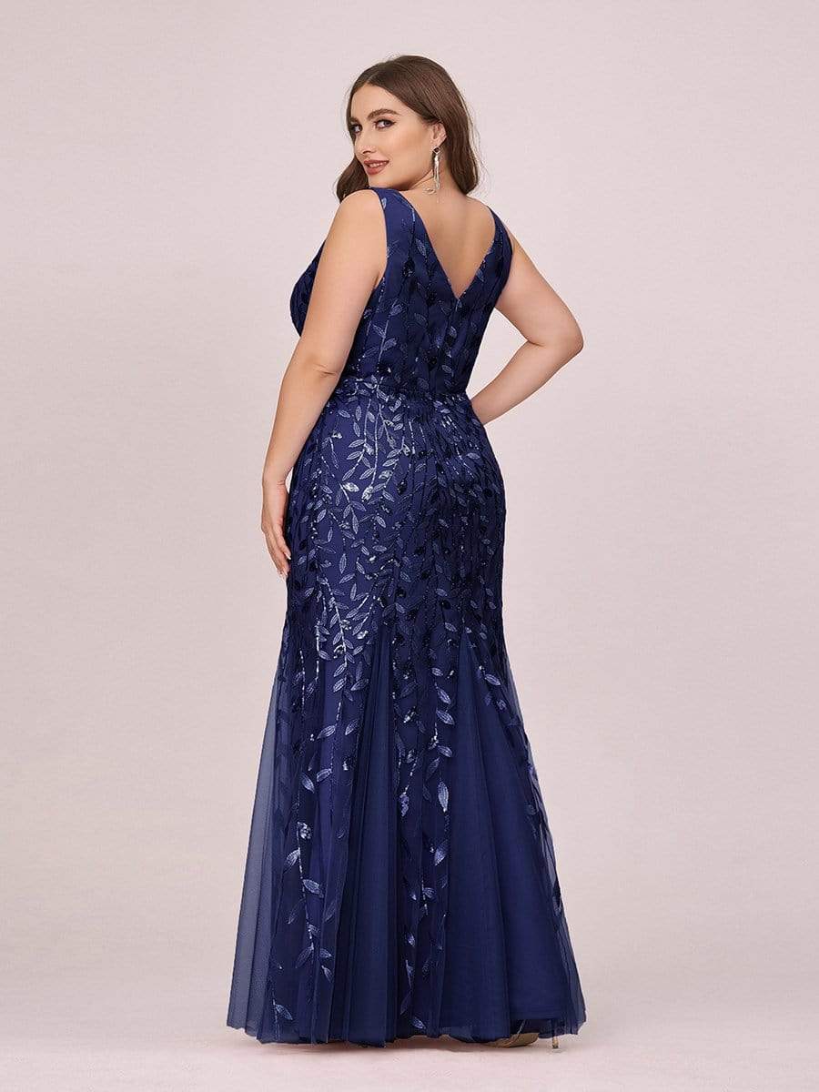 Women's Double V-Neck Fishtail Seuqin Evening Dress #color_Navy Blue