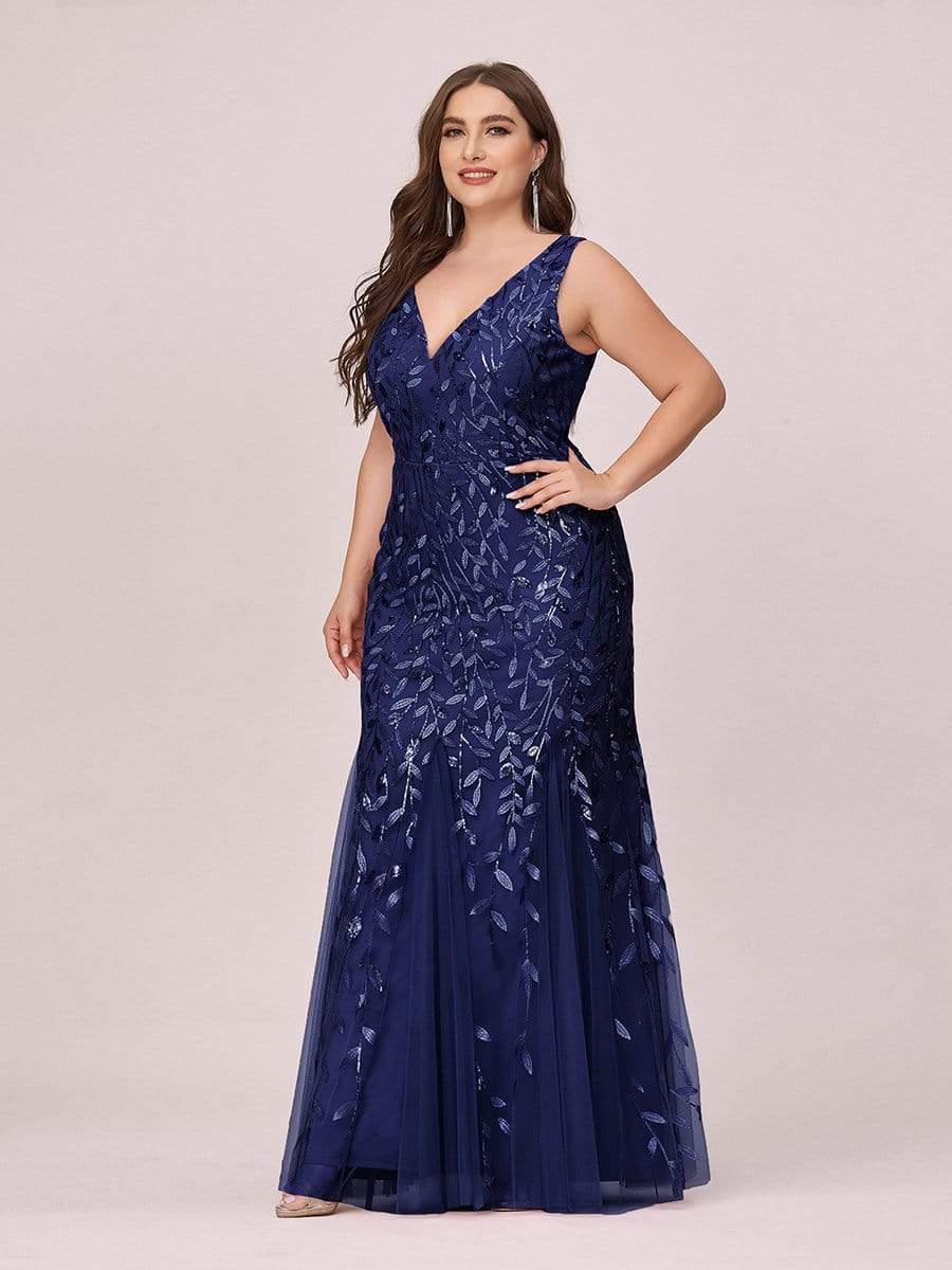 Women's Double V-Neck Fishtail Seuqin Evening Dress #color_Navy Blue