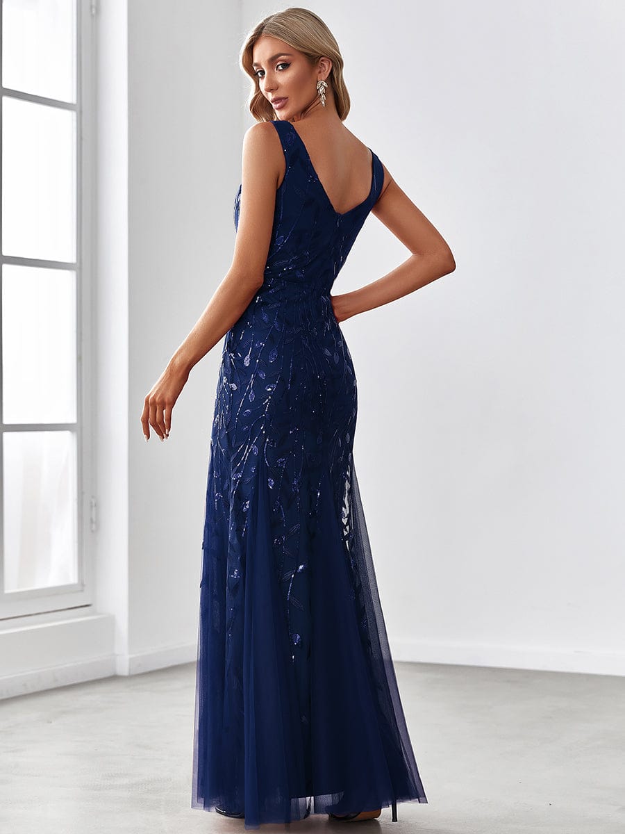 Sexy Double V-Neck Mermaid Sequin Evening Maxi Dress for Women #color_Navy Blue