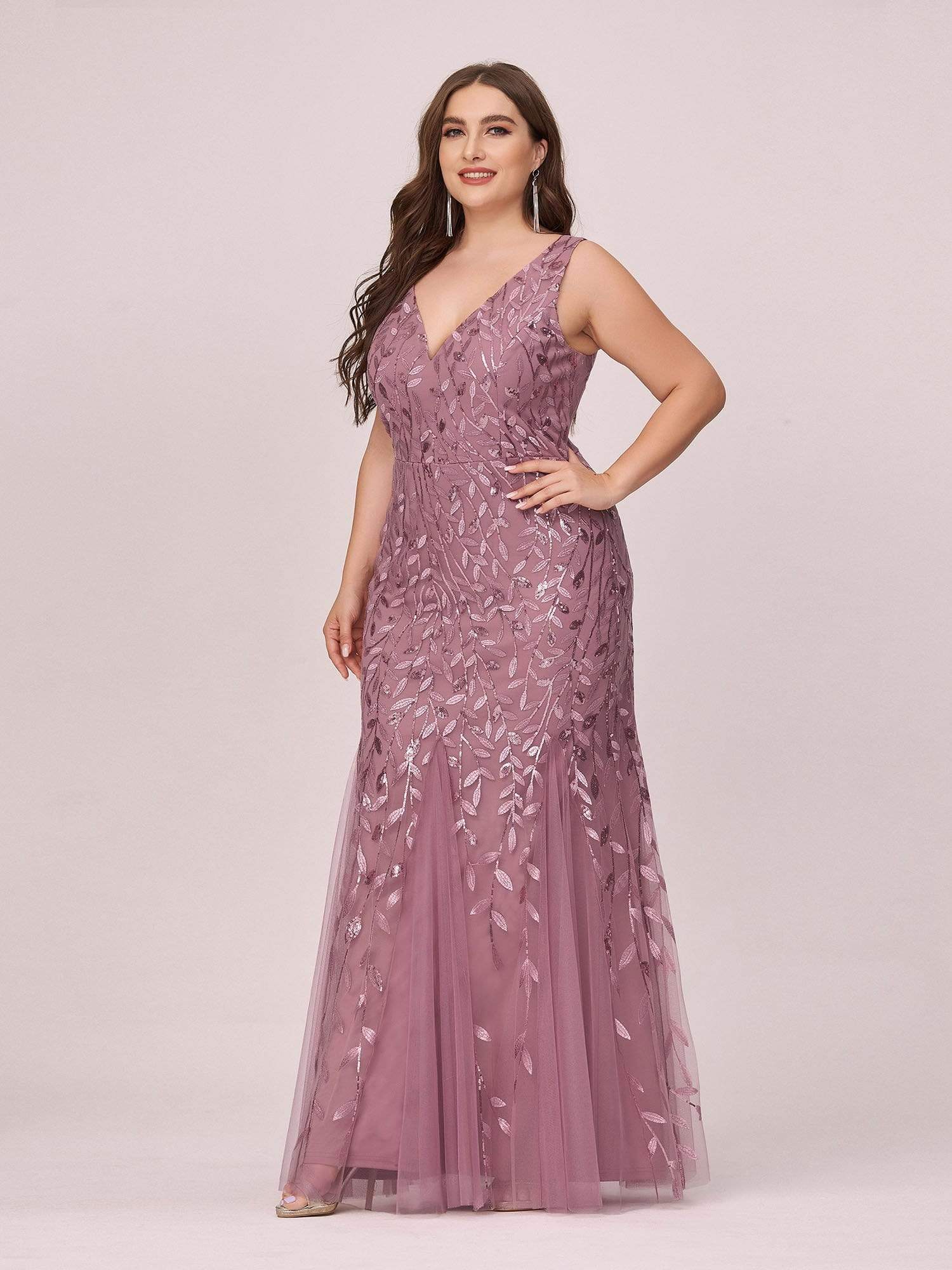 Women's Double V-Neck Fishtail Seuqin Evening Dress #color_Purple Orchid