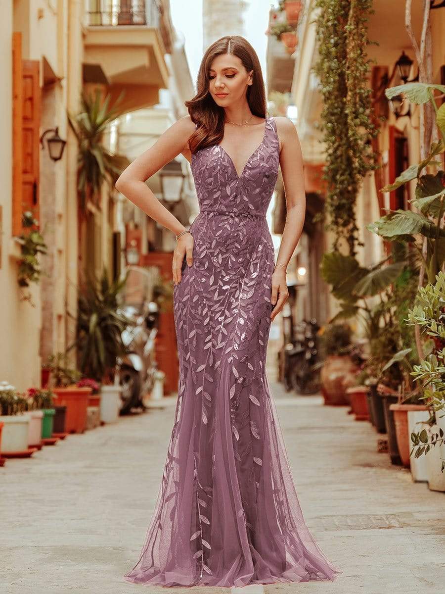 Women's Double V-Neck Fishtail Seuqin Evening Dress #color_Purple Orchid