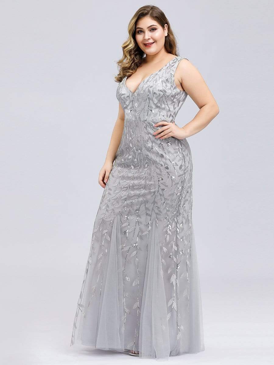 Women's Double V-Neck Fishtail Seuqin Evening Dress #color_Silver