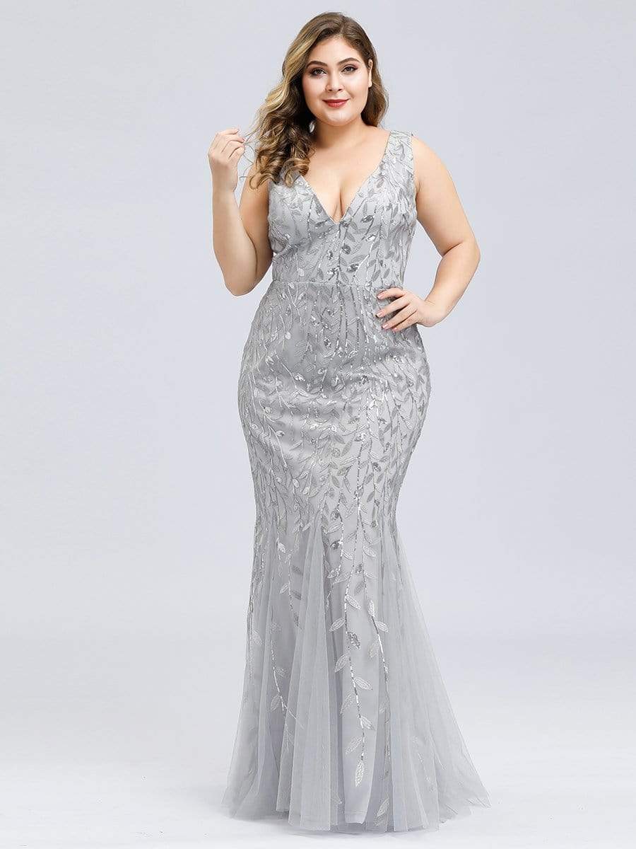 Women's Double V-Neck Fishtail Seuqin Evening Dress #color_Silver